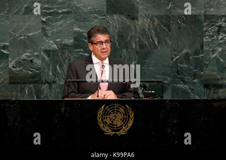 (170922) -- NEW YORK, Sept. 22, 2017 (Xinhua) -- German Foreign Minister Sigmar Gabriel addresses the 72nd United Nations General Assembly general debate at the UN headquarters in New York, Sept. 21, 2017. (Xinhua/Li Muzi) (zy) Stock Photo