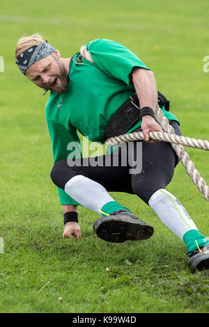 Southport, Merseyside, UK. 22nd Sep, 2017. Wallby team from Sweden at the European Outdoor Tug of War Championships held at Carr Lane, Southport. The European Championships include four weight classes for mens tug of war teams and two weight classes for ladies tug of war teams, and include a mixed weight class with the teams competing consisting of four men and four women. Teams have a maximum weight limit of 600 kilos in these events. Also known as war of tug, tug o' war, tug war, rope war, rope pulling, tug rope or tugging war.  Credit: MediaWorldImages/Alamy Live News Stock Photo