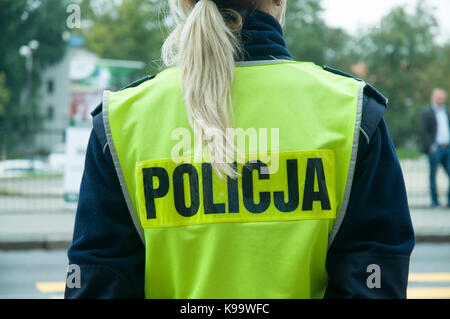 Bydgoszcz, Poland. 22nd Sep, 2017. A female police officer is seen near a busy road in the center of the city. Credit: Jaap Arriens/Alamy Live News Stock Photo