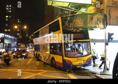 Hong Kong, China. 22nd Sep, 2017. Photo taken on Sept. 22, 2017 shows the bus accident scene at a junction in the Sham Shui Po district in Hong Kong, south China, Sept. 22, 2017. Three people were killed and 27 others injured. Credit: Liu Yongdong/Xinhua/Alamy Live News Stock Photo