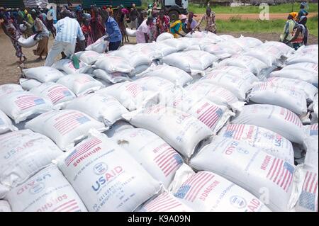 August 28, 2014 - Panweel Village - Kolnyang Payam, Bor County, South Sudan - Internally displaced refugees unload sacks of sorghum and split yellow peas from a truck. Thousands of South Sudanese became internally displaced refugees in Jonglei and Juba following the outbreak of fighting between forces loyal to South Sudan president Salvar Kiir and his ex-vice president Rick Machar in December 2013. To help displaced and conflict-affected households return home and start the recovery process aid organizations have engaged in emergency response activities such as providing emergency food rations Stock Photo