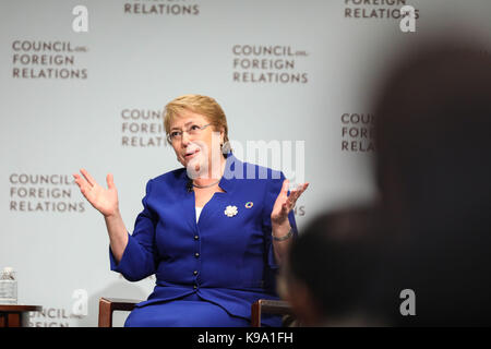 New York, USA. 22nd Sep, 2017. Michelle Bachelet, president of Chile during the convention of the Council of Foreign Relations in Manhattan, New York in the United States this Friday, 22. Credit: Brazil Photo Press/Alamy Live News Stock Photo