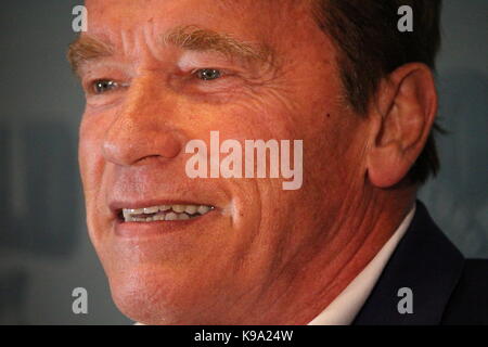 Barcelona, Spain - September 22, 2017: The actor and former governor of the state of California Arnold Schwarzenegger participating at the press conference at the opening of the 7th edition of “Arnold Classic Europe” in Barcelona, one of the biggest multi-sports fairs with over 1500 athletes from all over the world. The event will include activities, masterclasses and exhibitions, as well as bodybuilding and fitness championships. One contest is held on each continent each year, with the Barcelona leg the concluding event of the season. Stock Photo