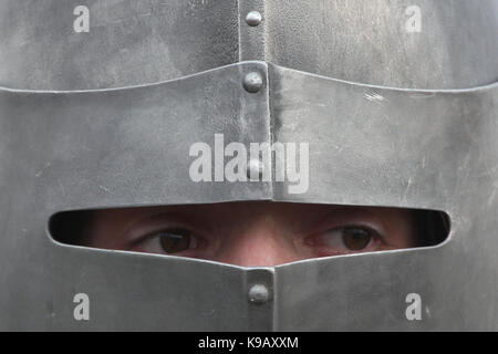Czech actor Michal Bednář dressed as a medieval knight attends the filming of the new German film 'Die Ritter' ('The Knights') directed by Carsten Gutschmidt by order of ZDF in Milovice in Central Bohemia, Czech Republic in 23 October 2013. Stock Photo