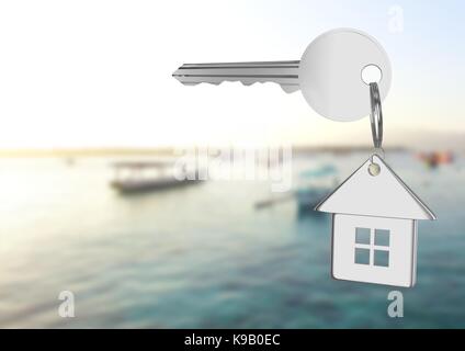 Digital composite of 3D House Key floating over sea Stock Photo