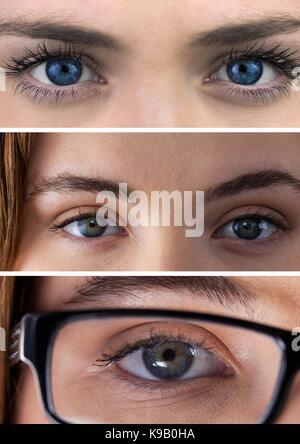 Collage. Cropped image of human eyes in glasses emotionally looking at ...