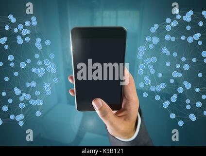 Digital composite of Hand holding phone with connectors at home Stock Photo