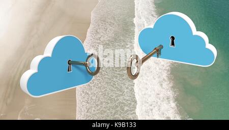 Digital composite of 3D Key clouds floating over beach Stock Photo