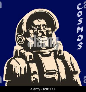Spaceman sketch on black background. Cool science fiction spaceman cover. Serious character in space suit. Day of astronautics. Freehand digital drawi Stock Vector