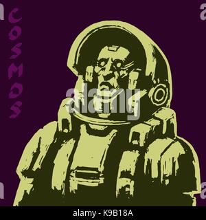 Astronaut sketch on black background. Cool science fiction spaceman cover. Serious character in space suit. Day of astronautics. Freehand digital draw Stock Vector