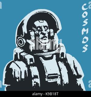 Astronaut sketch on black background. Cool science fiction spaceman cover. Serious character in space suit. Day of astronautics. Freehand digital draw Stock Vector