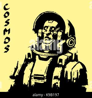 Astronaut sketch on black background. Cool science fiction spaceman cover. Serious character in space suit. Day of astronautics. Freehand digital draw Stock Vector