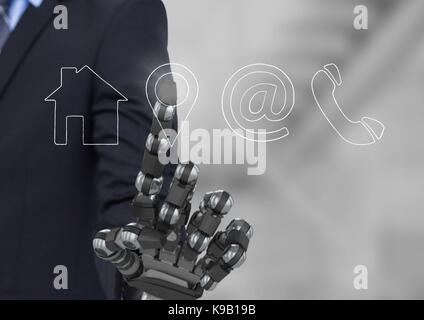 Digital composite of bionic hand pointing at contact icon interface ...