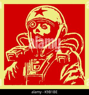 Heroine astronaut sketch on red background. Cool science fiction spaceman cover. Serious character in space suit. Day of astronautics. Vector illustra Stock Vector