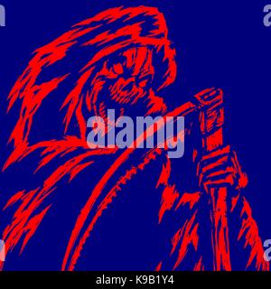 Red Death with a Scythe. Blue Background. Web Icon. Isolated Flat Vector Illustration. Spooky Apocalypse Demon. Spirit Rock Skull. Ghost Skeleton. Nig Stock Vector