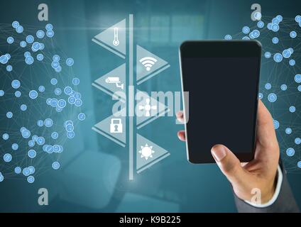 Digital composite of Hand holding phone with smart home interface and connectors Stock Photo