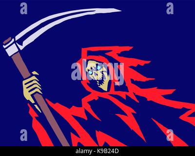 Red Death with a Scythe. Blue Background. Web Icon. Isolated Flat Vector Illustration. Spooky Apocalypse Demon. Spirit Rock Skull. Ghost Skeleton. Nig Stock Vector