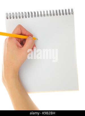 Hand drawing gesture with pencil and pad isolated Stock Photo
