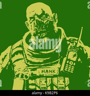 horror fat zombie soldier. green and yellow color. horror character face. vector illustration. Stock Vector