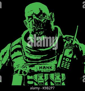 Fat zombie soldier black and green colors. Vector illustration. Drawing zombie soldiers picture. Scary horror character face. Stock Vector