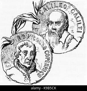 A 1910 sketch of medallions showing portraits of Galileo Galilei & Nicolaus Copernicus Stock Photo