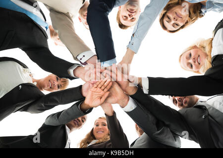 Directly below portrait of confident business team stacking hands against white background Stock Photo