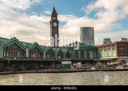 Hoboken , NJ USA -- September 19, 2017 -- Rear of the   Hoboken train station along with the clock tower. Editorial Use Only. Stock Photo