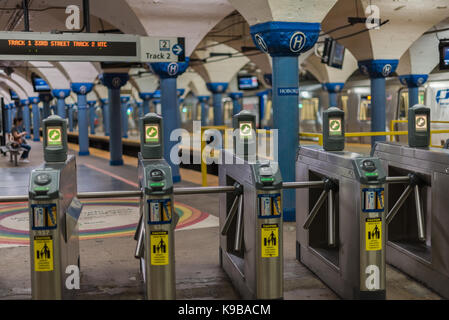 Hoboken, NJ USA -- September 19, 2017 --Entry turnstiles to the New York New Jersey PATH Tubes in Hoboken. Editorial use only. Stock Photo