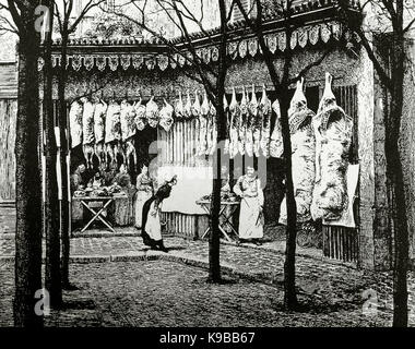France. Paris. Butcher shop in Les Halles. Engraving. 19th century. Stock Photo