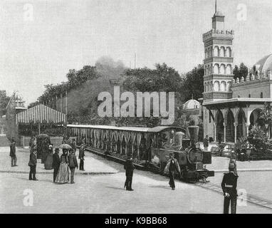 France. Paris. Universal Exhibition of 1889. Decauville railroad train at the departure station. Esplanade of the Invalides. Engraving, 1889. Stock Photo