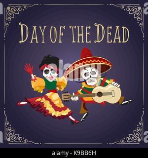 Poster to Mexican holiday Day of the dead with dancing skeletons in festive clothes. Vector illustration Stock Vector