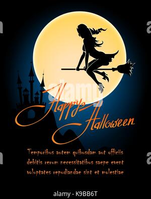 Happy Halloween poster with flying witch, dark castle and moon. Vector illustration. Stock Vector