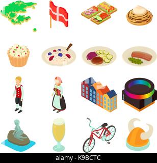 Denmark travel icons set, isometric style Stock Vector