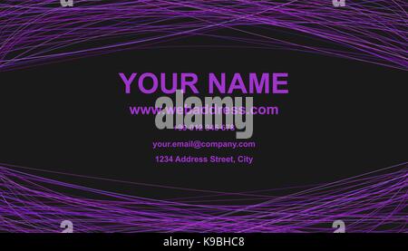 Abstract business card template design - vector graphic with arched lines in purple tones on black background Stock Vector