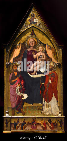 Madonna and child between Saints John the Baptist and Nicholas and two angels holding a curtain by Francesco active from 1380 - 1400  Florence Italy Stock Photo