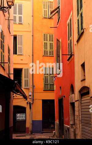 A typical street in the old town, the Vielle Ville, of Nice, France.