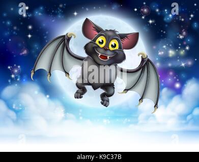 Cartoon Bat and Full Moon Halloween Scene Stock Vector
