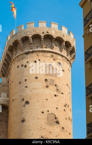 Valencia Spain Torres de Quart, south tower of the Torres de Quart gate showing extensive cannon ball damage from the Napoleonic war, Valencia, Spain. Stock Photo