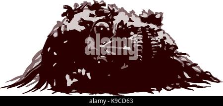 Demon skull lies in a pile of pus. Vector illustration. Severed head. Horror picture to Halloween Stock Vector