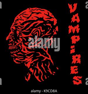 The red vampire with veins on the head. Vector illustration. Scary character face. Genre of horror. Stock Vector