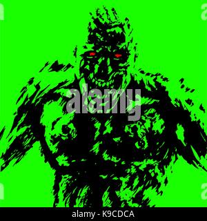 anger zombie attack in black and green color. horror image. contour freehand digital drawing. vector illustration Stock Vector