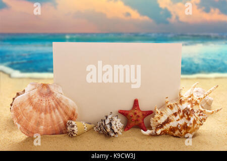 Blank paper with seashells and starfish on the sandy beach at ocean background Stock Photo