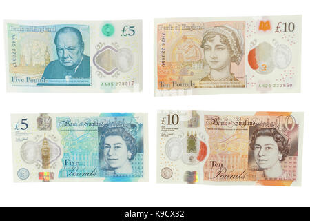 The newly introduced currency of the United Kingdom - The polymer ten pound (£10) note with features more measures against counterfitters. Stock Photo