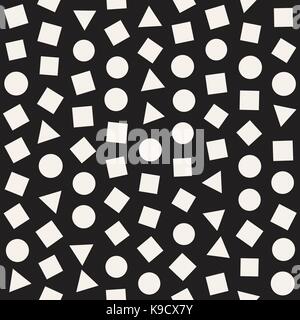 Seamless primitive jumble minimalism patterns. Randomly scattered geometric shapes. Abstract background design Stock Vector