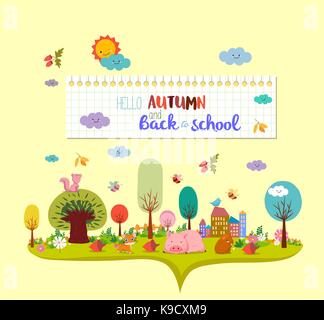hello autumn and back to school. autumn banner background Stock Vector