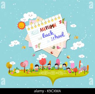 hello autumn and back to school. autumn banner background Stock Vector