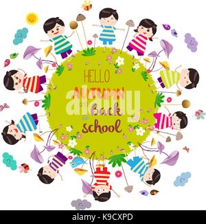 Happy autumn and back to school. Bright background with funny animals and happy kids which are on the ground round Stock Vector