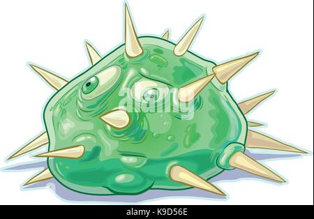 Vector cartoon clip art illustration of a green slime blob monster or creature with a dumb expression on its face and covered with spikes. Good for ga Stock Vector