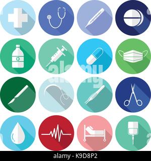 Vector Easy-To-Use 16 White Medical Flat Icons In Front Of Colorful Circles Categorized Into Four Groups, Check up, Pharmaceutical, Surgery, Healing. Stock Vector