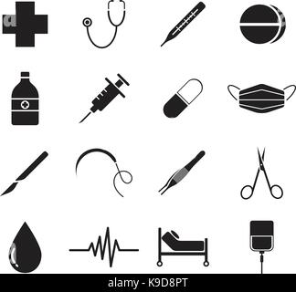 Vector Easy-To-Use 16 Black Medical Flat Icon Set Isolated On White Background As Four Groups, Check up, Pharmaceutical, Surgery, And Healing. Stock Vector